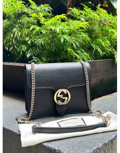 GUCCI SMALL DOLLAR GG INTERLOCKING CHAIN FLAP CROSSBODY BAG IN BLACK CALF LEATHER