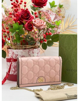 GUCCI GG MATELASSE WALLET ON CHAIN IN ROSE BEIGE LEATHER & GOLD CHAIN 