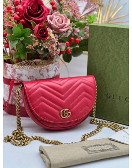 GUCCI GG MARMONT RED MATELASSE LEATHER MINI SLING BAG