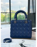CHRISTIAN DIOR MEDIUM LADY DIOR IN DEEPSEA BLUE CANNAGE LAMBSKIN LEATHER & SILVER HARDWARE WITH STRAP