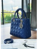 CHRISTIAN DIOR MEDIUM LADY DIOR IN DEEPSEA BLUE CANNAGE LAMBSKIN LEATHER & SILVER HARDWARE WITH STRAP
