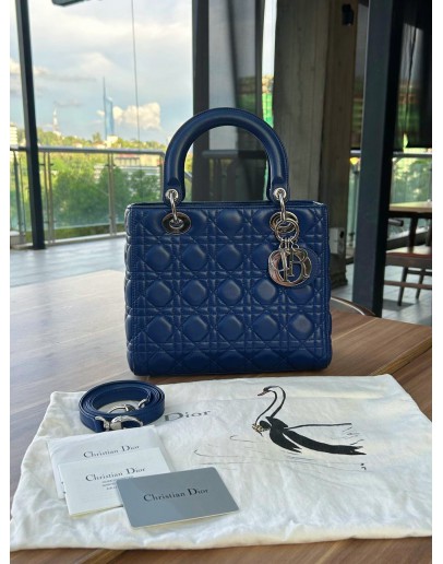 CHRISTIAN DIOR MEDIUM LADY DIOR IN DEEPSEA BLUE CANNAGE LAMBSKIN LEATHER & SILVER HARDWARE WITH STRAP