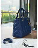 CHRISTIAN DIOR MEDIUM LADY DIOR IN DEEPSEA BLUE CANNAGE LAMBSKIN LEATHER & SILVER HARDWARE WITH STRAP