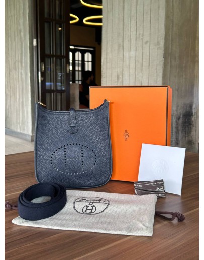 HERMES MINI EVELYNE TPM BLUE NUIT / BLUE INDIGO TOGO LEATHER WITH GOLD HARDWARE SHOULDER BAG IN STAMP Z
