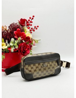 GUCCI BELT BAG IN BEIGE GG CRYSTAL CANVAS & DARK BROWN LEATHER