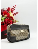 GUCCI BELT BAG IN BEIGE GG CRYSTAL CANVAS & DARK BROWN LEATHER