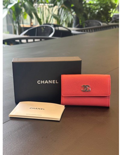 CHANEL CORAL CALF LEATHER CC CAMELIA O-CARD HOLDER