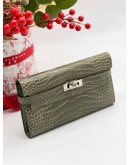 HERMES KELLY LONG WALLET COVETED GRIS TOURTERELLE ALLIGATOR PALLADIUM