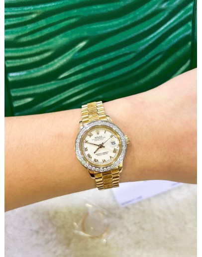 ROLEX LADY DATEJUST 18K 750 YELLOW GOLD DIAMOND BEZEL ROMAN WHITE DIAL REF 6927 26MM AUTOMATIC WATCH