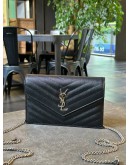 YSL YVES SAINT LAURENT GRAIN DE POUDRE MATELASSE CHEVRON MONOGRAM ENVELOPE CHAIN WOC