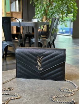 YSL YVES SAINT LAURENT GRAIN DE POUDRE MATELASSE CHEVRON MONOGRAM ENVELOPE CHAIN WOC