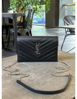 YSL YVES SAINT LAURENT GRAIN DE POUDRE MATELASSE CHEVRON MONOGRAM ENVELOPE CHAIN WOC