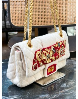 CHANEL MEDIUM DOUBLE FLAP LIMITED EDITION RUSSIN CONNECTION PARIS-MOSCOW RUNWAY PIECE EGGSHELL COTTON WOOL ROMANOV 2.55 REISSUE CHAIN BAG