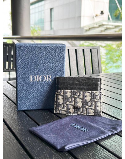 CHRISTIAN DIOR CARD HOLDER IN BEIGE BLACK DIOR OBLIQUE JACQUARD WITH BLACK GRAINED CALF LEATHER