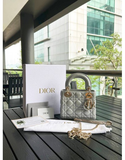 CHRISTIAN DIOR MINI LADY DIOR IN METALLIC SHIMMER SILVER WITH LIGHT GOLD HARDWARE