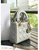 CHRISTIAN DIOR MINI LADY DIOR IN METALLIC SHIMMER SILVER WITH LIGHT GOLD HARDWARE
