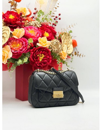 KATE SPADE CAREY SMALL FLAP SHOULDER BAG IN BLACK CALFSKIN LEATHER