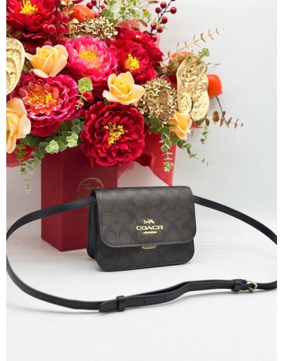 COACH BRYNN FLAP CROSSBODY BAG IN BROWN BLACK CANVAS & CALFSKIN LEATHER