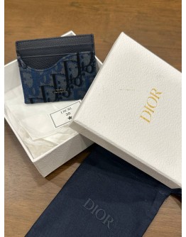 CHRISTIAN DIOR SADDLE CARD HOLDER IN DEEP BLUE GRAINED CALFSKIN & DEEP BLUE DIOR OBLIQUE TRIO JACQUARD MARQUETRY 