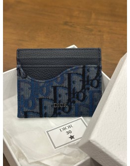 CHRISTIAN DIOR SADDLE CARD HOLDER IN DEEP BLUE GRAINED CALFSKIN & DEEP BLUE DIOR OBLIQUE TRIO JACQUARD MARQUETRY 