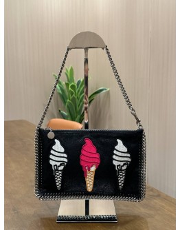 STELLA MCCARTNEY FALABELLA ICE APPLIQUÉ BAG IN SILVER CHAIN & EMBROIDERED ICE CREAM CONE 