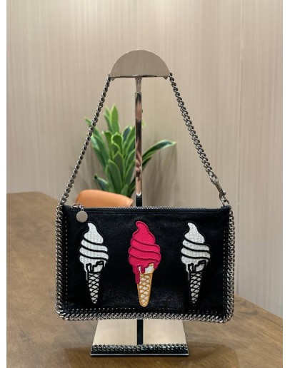 STELLA MCCARTNEY FALABELLA ICE APPLIQUÉ BAG IN SILVER CHAIN & EMBROIDERED ICE CREAM CONE 